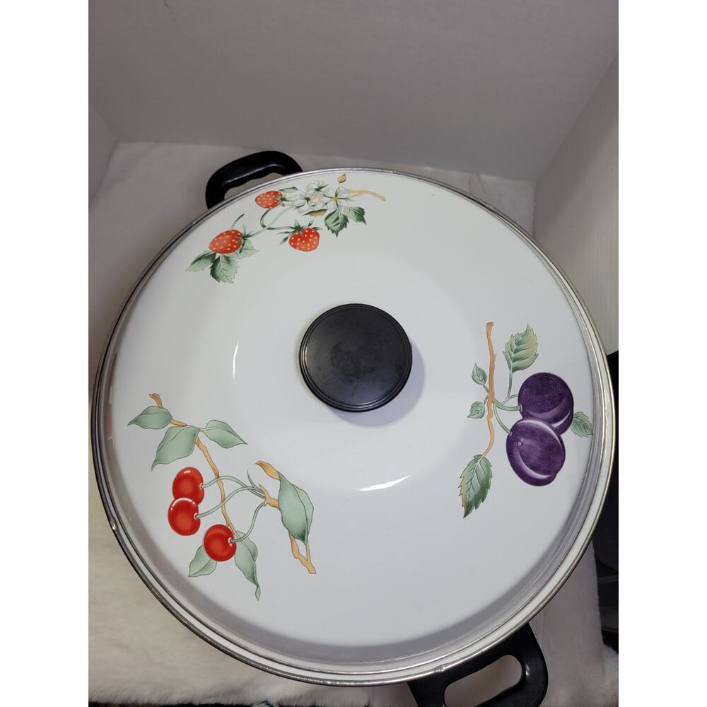 VINTAGE XL TABLETOPS UNLIMITED Stock Pot Porcelain Enamelware Fruit Theme - Picture 5 of 11